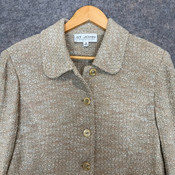 St. John Collection Tweed Knit Jacket Womens 14 Button Peter Pan Collar Flap USA - Picture 2 of 14